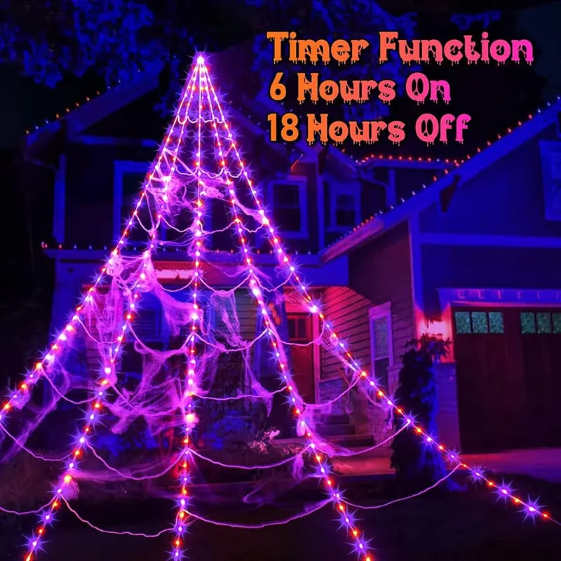 🕷️Light-Up Halloween Spider Web Decor with Timer – Waterproof Purple & Orange LED Spooky Lights for Lawn & Outdoor Party