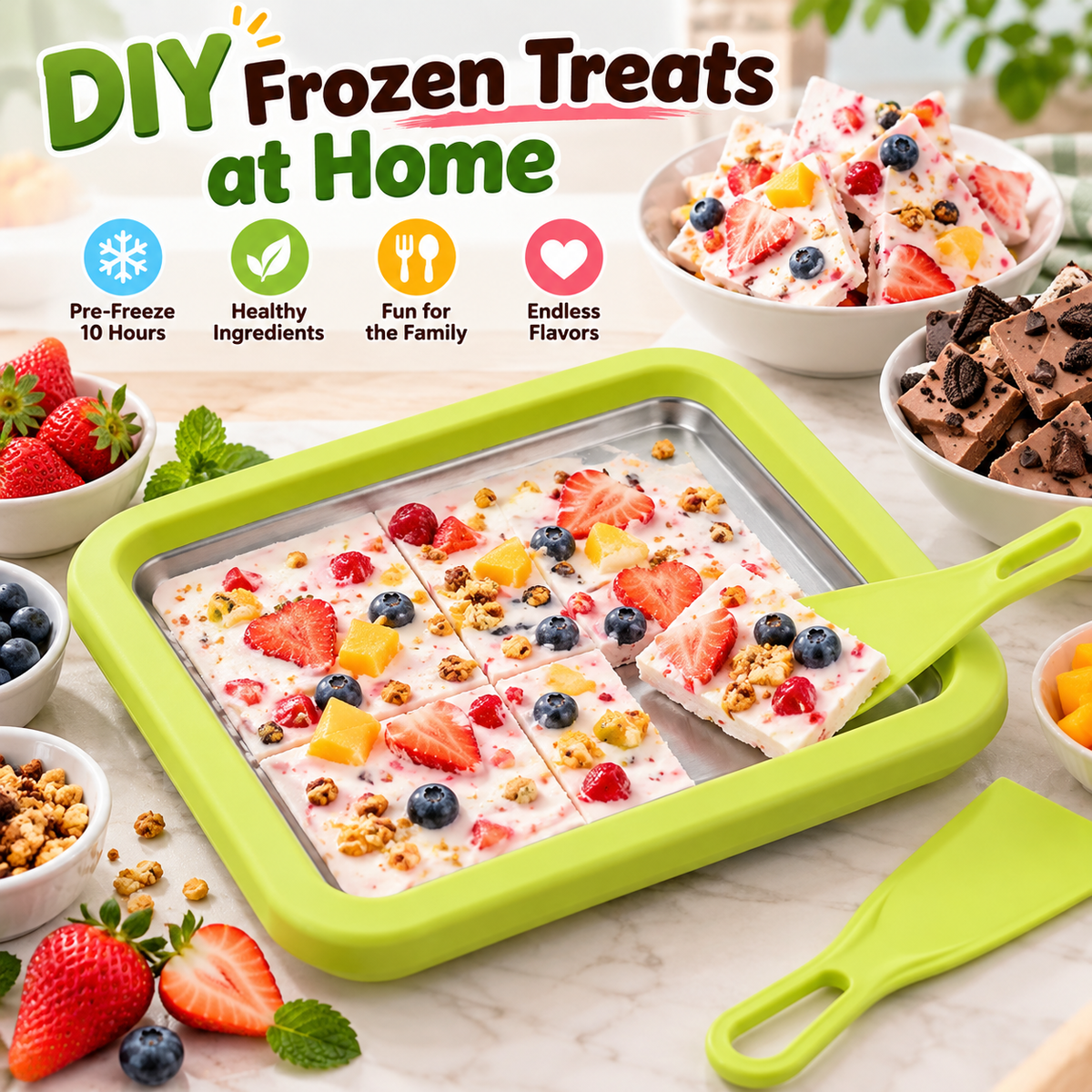 🍓 DIY Ice Cream & Frozen Yogurt Maker – Pre-Freeze Stainless Steel Tray with Scrapers