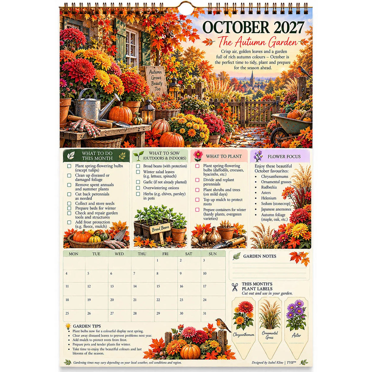 2027 Four Seasons Gardening Calendar & Monthly Planner – A4 Wall Calendar with Planting Guide, Garden Tasks & Plant Labels | TYII™