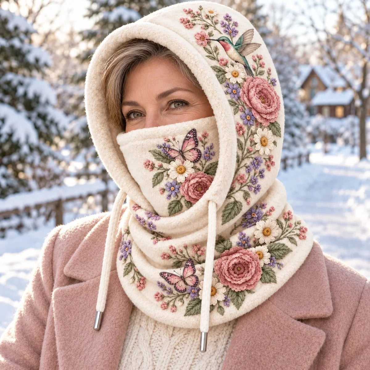 🌸 Women’s Floral 3-in-1 Winter Hood – Fleece-lined Hat, Face Cover & Neck Warmer