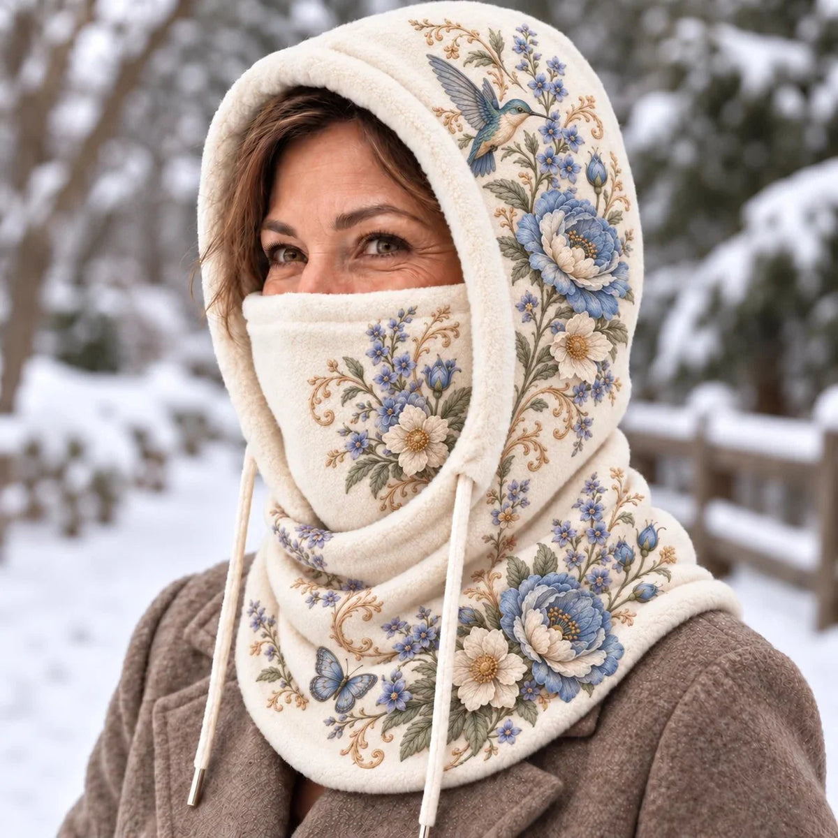 🌸 Women’s Floral 3-in-1 Winter Hood – Fleece-lined Hat, Face Cover & Neck Warmer