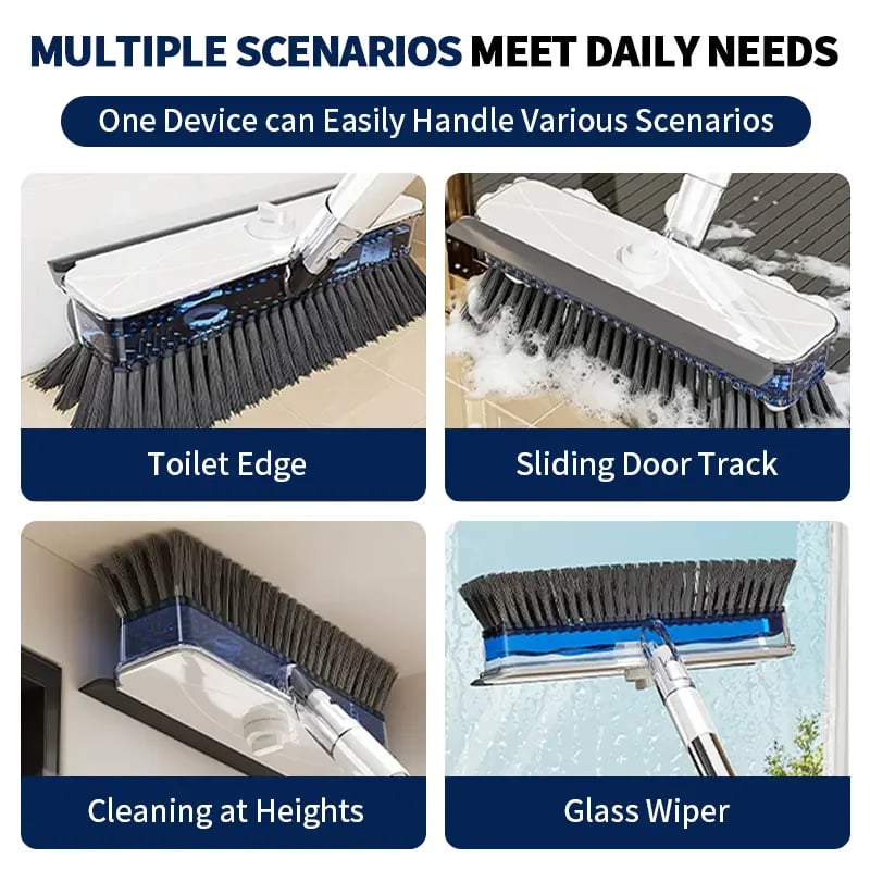ALL‑in‑1 Liquid Dispensing Floor Scrub Brush with Squeegee, Long Ergonomic Handle Press‑to‑Release Soap Tank Hard Bristle Stand‑Up Scrubber