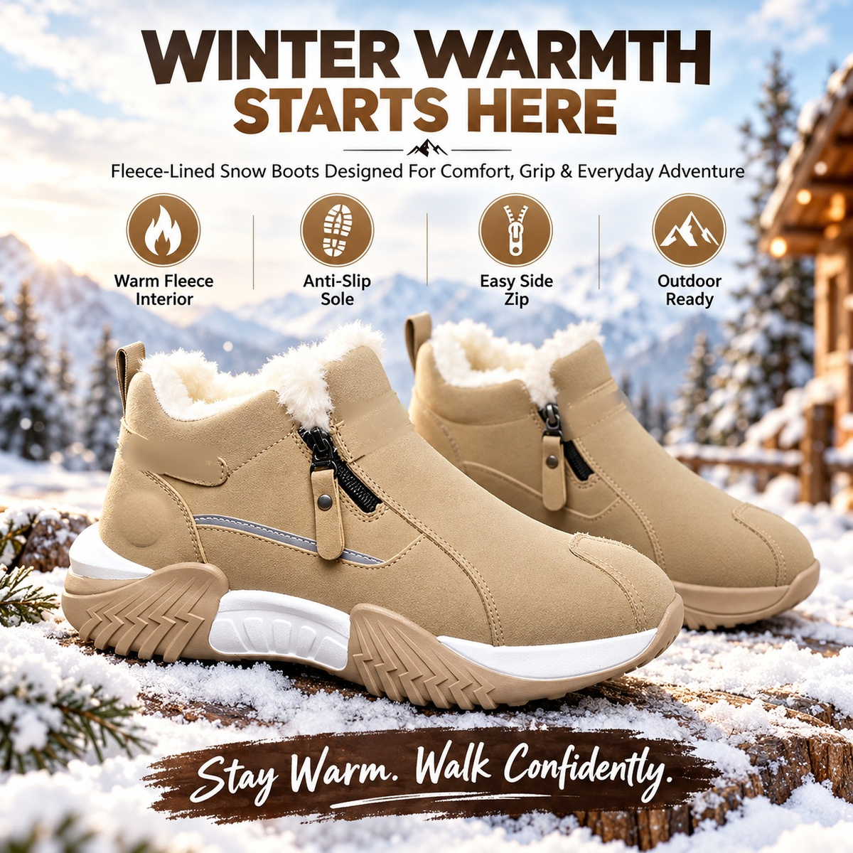 ❄️ Fleece-Lined Winter Snow Boots – Cozy Warm Ankle Boots with Side Zipper & Textured Sole