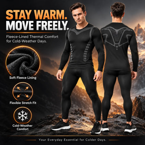 Men's Fleece-Lined Thermal Underwear Set – Warm Stretch Base Layer for Winter & Outdoor Activities