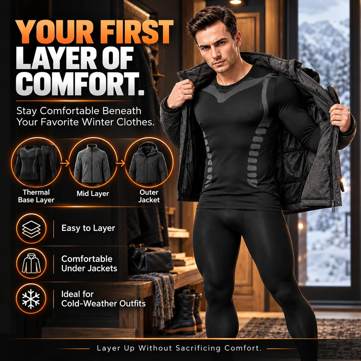 Men's Fleece-Lined Thermal Underwear Set – Warm Stretch Base Layer for Winter & Outdoor Activities