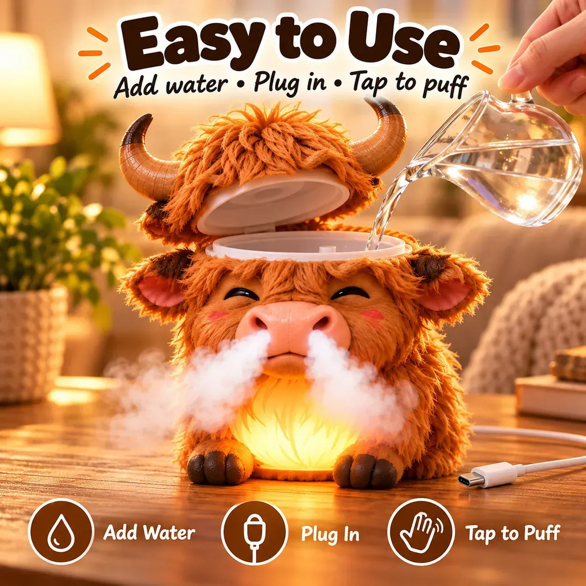🎁✨ Highland Cow Huff™ – Tap-to-puff Humidifier & Colorful Night Light 🐮💡