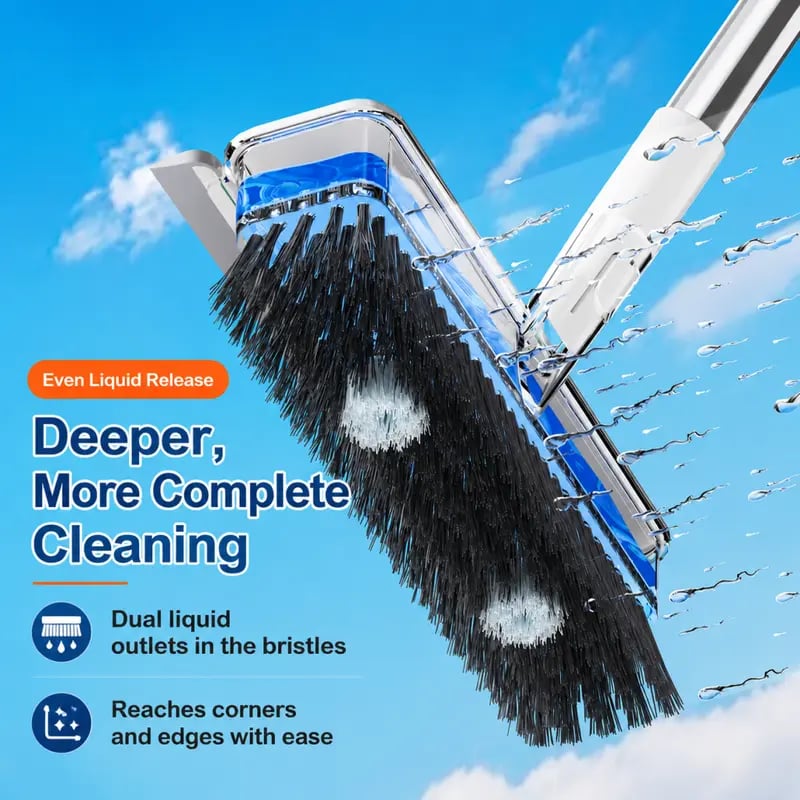 ALL‑in‑1 Liquid Dispensing Floor Scrub Brush with Squeegee, Long Ergonomic Handle Press‑to‑Release Soap Tank Hard Bristle Stand‑Up Scrubber