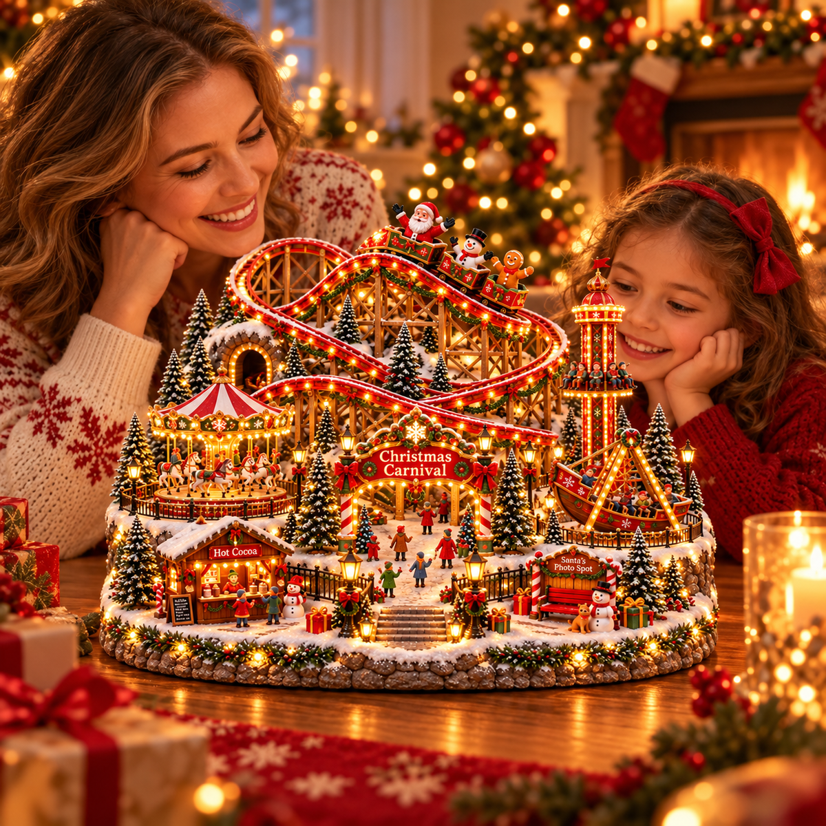 🔥Last Day 50%🎢 Magical Christmas Carnival Village – Animated Roller Coaster & Lighted Holiday Decor
