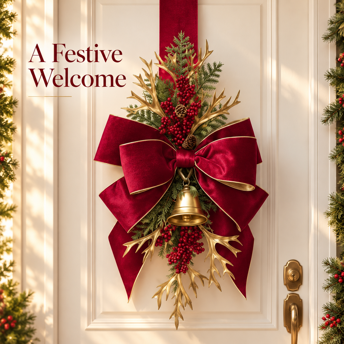 Luxurious Velvet Christmas Scapular with Red Berries, Golden Branches, and a Jingle Bell - 1.60m