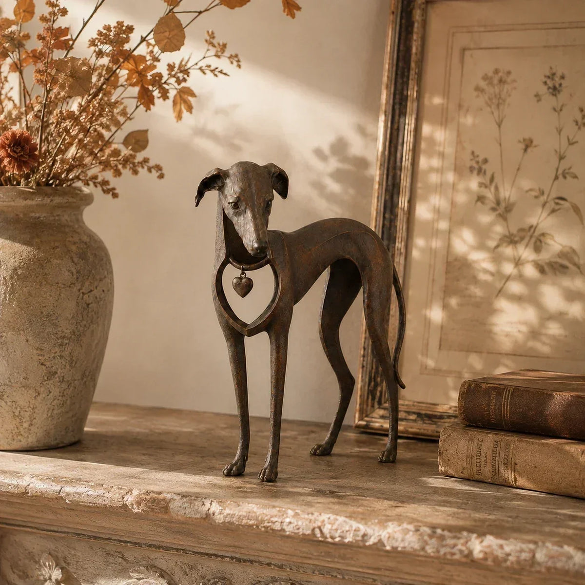 🐾Heritage Heart Sighthound Sculpture – Vintage Resin Dog Accent for Timeless Interiors