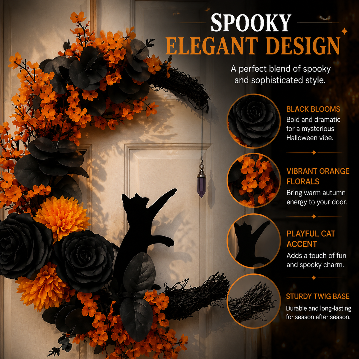 🐈‍⬛ Gothic Cat Halloween Wreath | Floral Door Decor