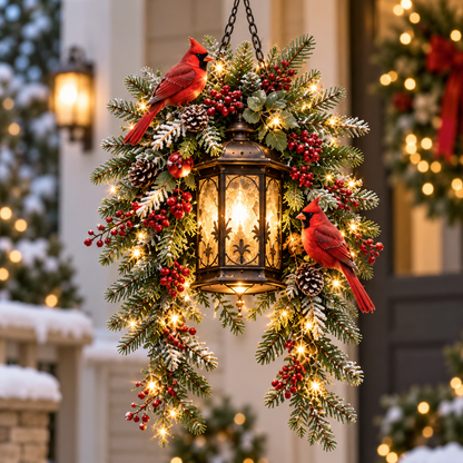 Cardinal Hearth Glow™ – Pre-Lit Cardinal Lantern & Evergreen Christmas Porch Decor