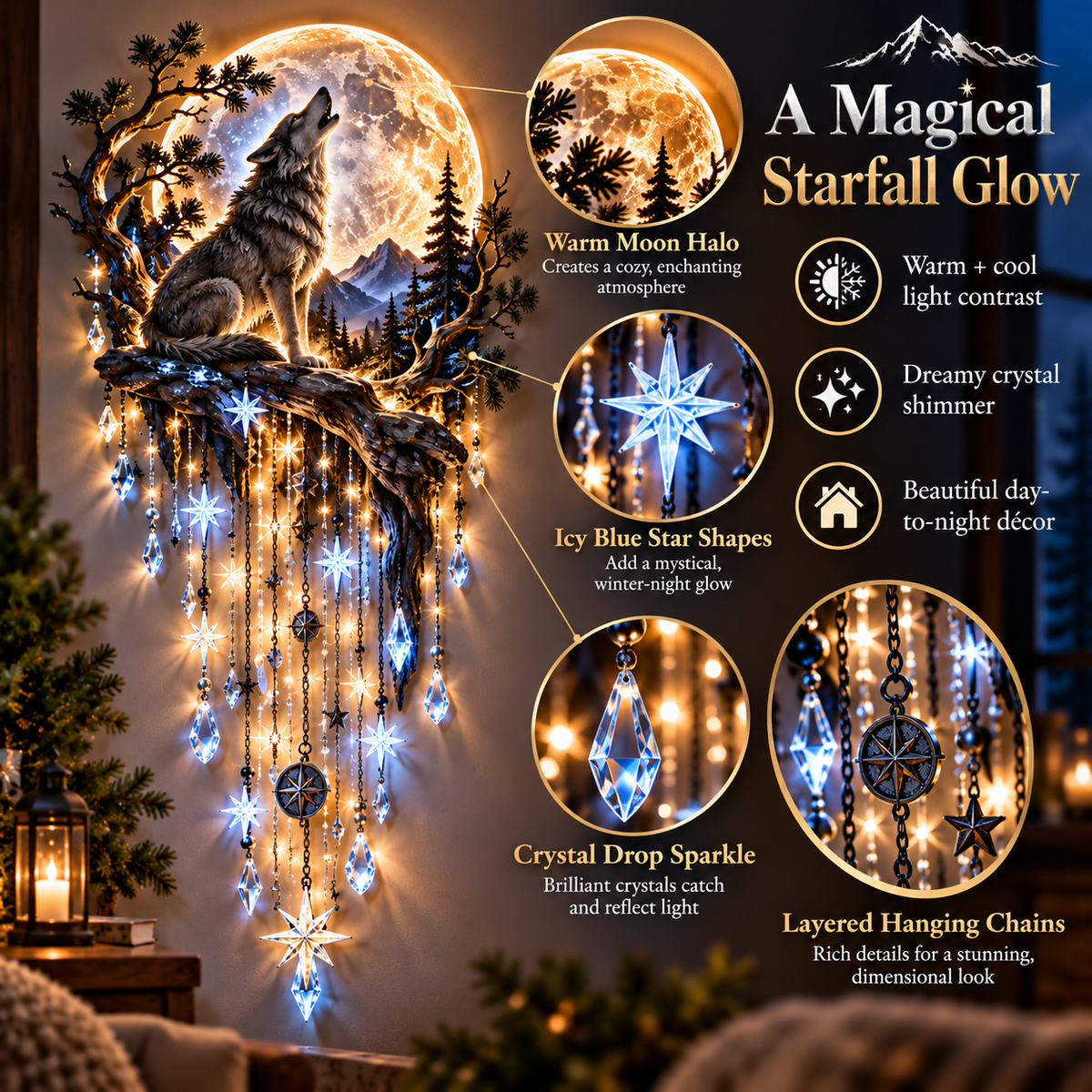 🐺🌕 Wolf Howling Moon Starfall Wall Light – Bring the Wild Home-31.5- Inch