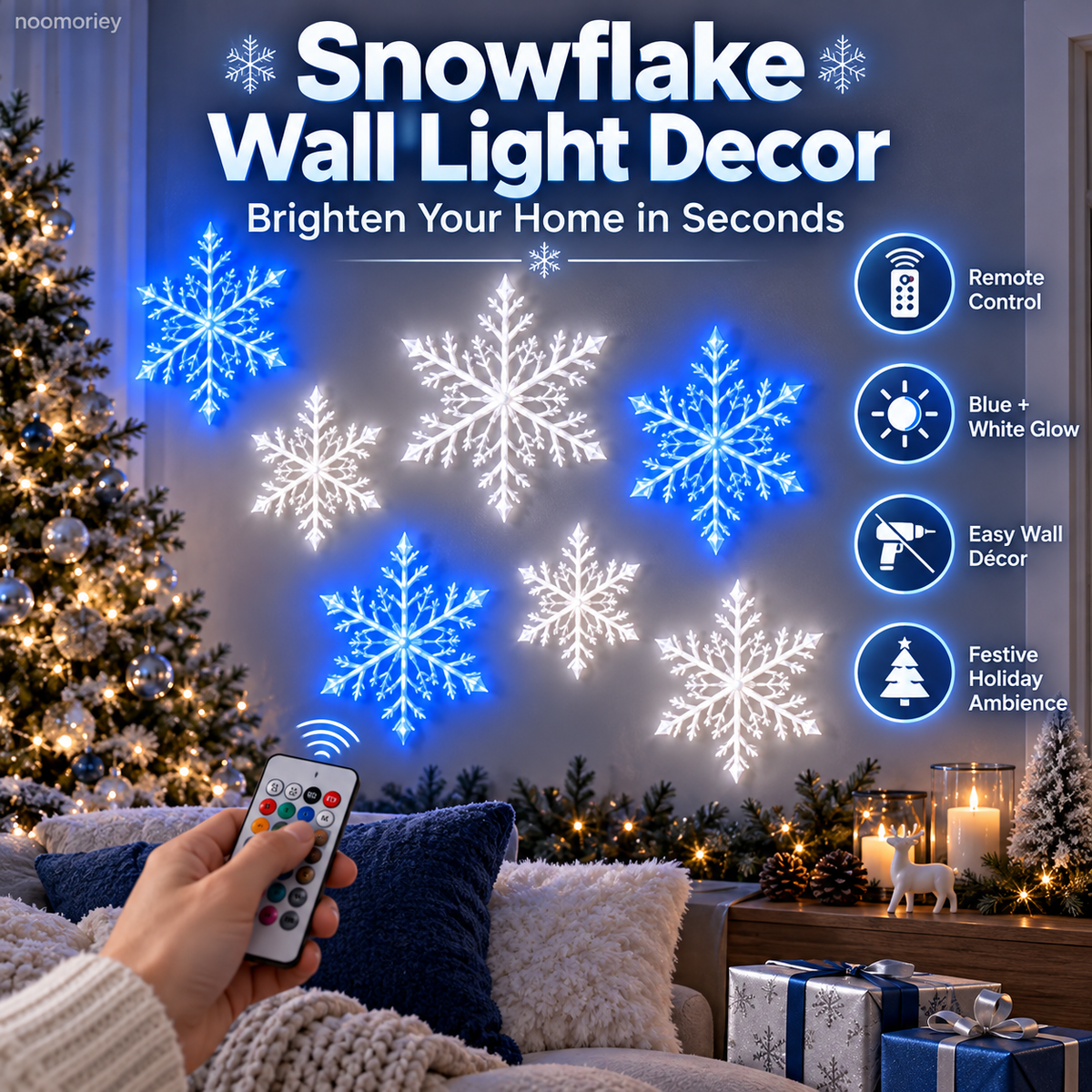 ❄️ LED Snowflake Wall Lights – Blue & White Christmas Holiday Decor