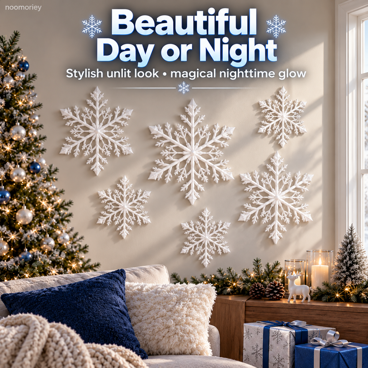 ❄️ LED Snowflake Wall Lights – Blue & White Christmas Holiday Decor