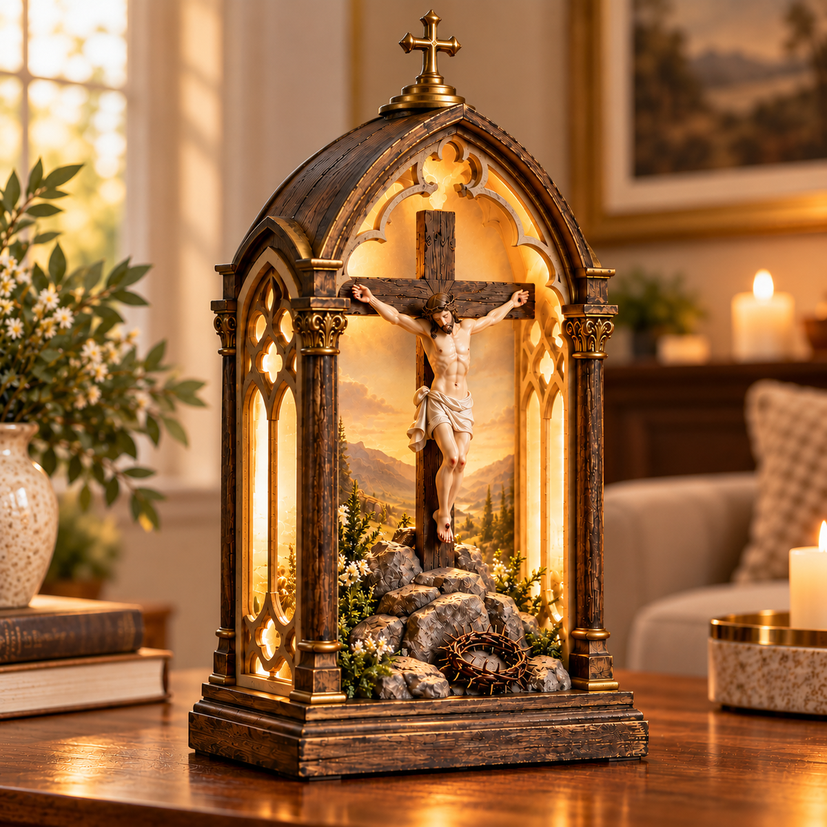 ✝️ Illuminated Calvary Devotional Shrine | Warm Christian Prayer Décor