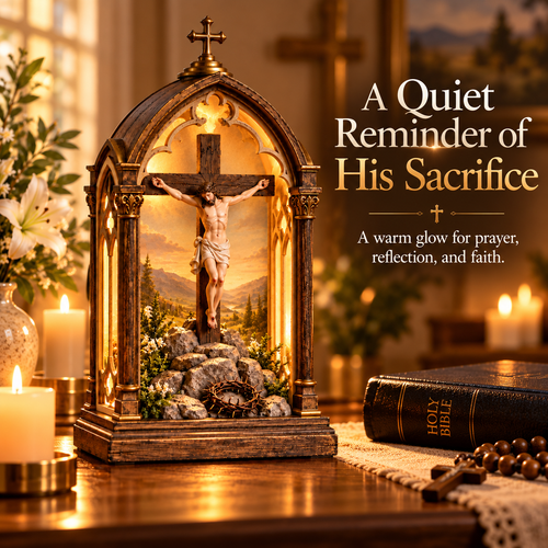 ✝️ Illuminated Calvary Devotional Shrine | Warm Christian Prayer Décor