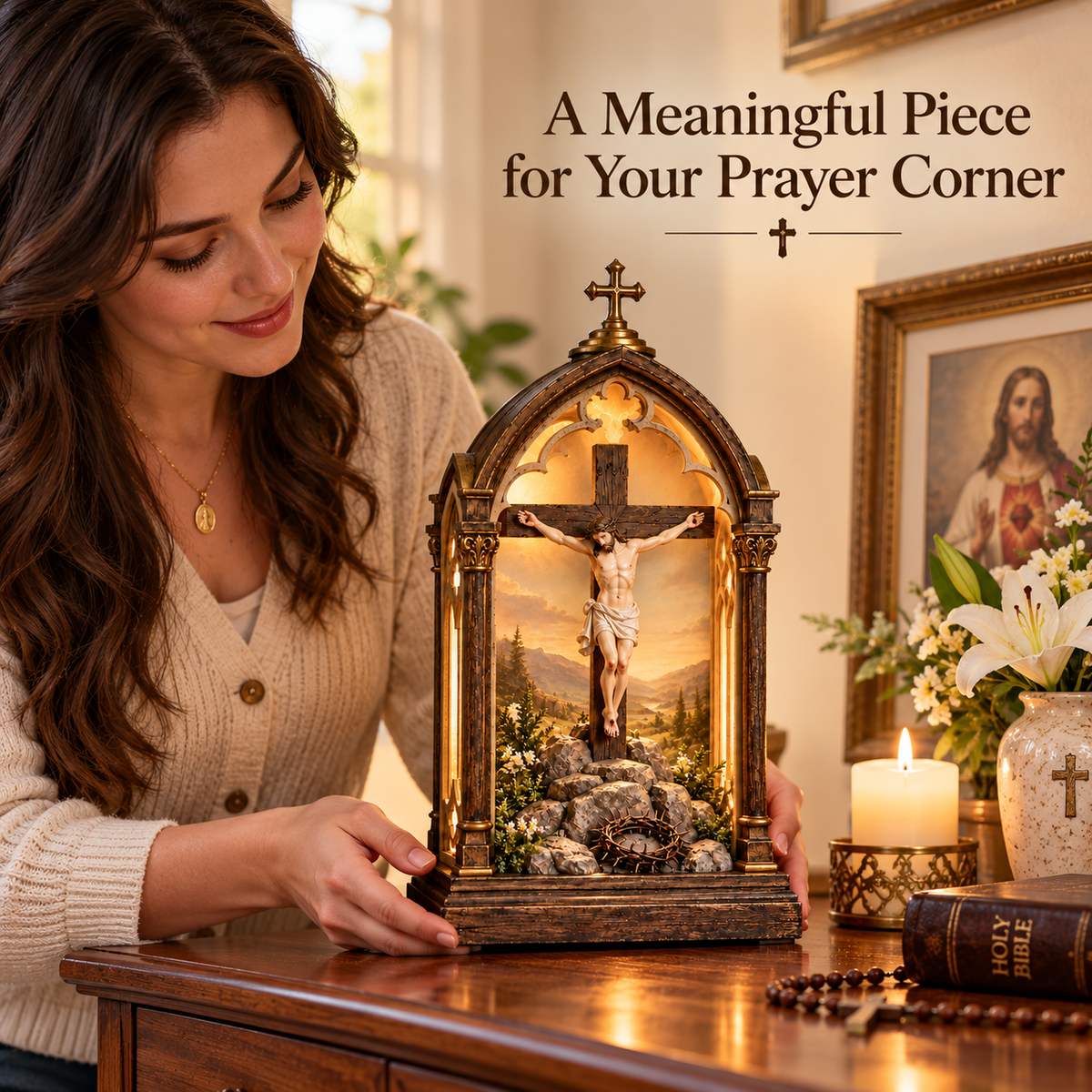 ✝️ Illuminated Calvary Devotional Shrine | Warm Christian Prayer Décor