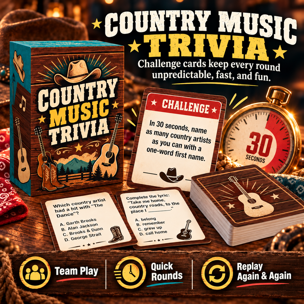 🎸 90s & 2000s Country Music Trivia Game | 150-Card Party Deck