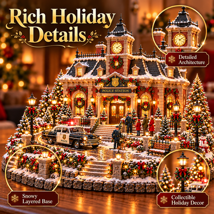 🎄 Christmas Police Station Village™ – Warm LED Lights, Vintage Patrol Car & K9 Holiday Display