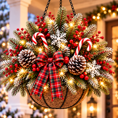 🎄 Last Day 50% OFF 🏆 Pre-Lit Christmas Hanging Basket | Pre-lit, weather-resistant, and zero maintenance