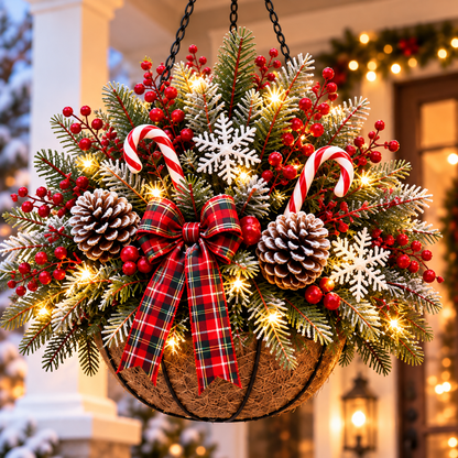 🎄 Last Day 50% OFF 🏆 Pre-Lit Christmas Hanging Basket | Pre-lit, weather-resistant, and zero maintenance