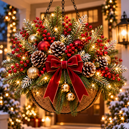 🎄 Last Day 50% OFF 🏆 Pre-Lit Christmas Hanging Basket | Pre-lit, weather-resistant, and zero maintenance