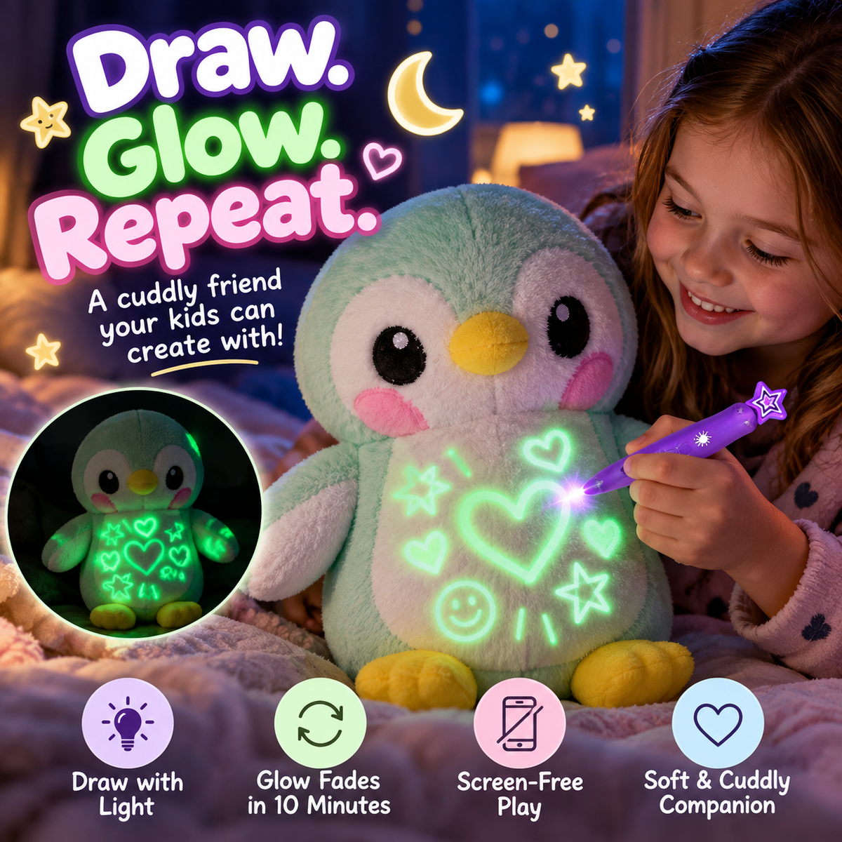 ✨ Glow & Draw Plush Toy – Reusable Light-Up Doodle Friend for Kids
