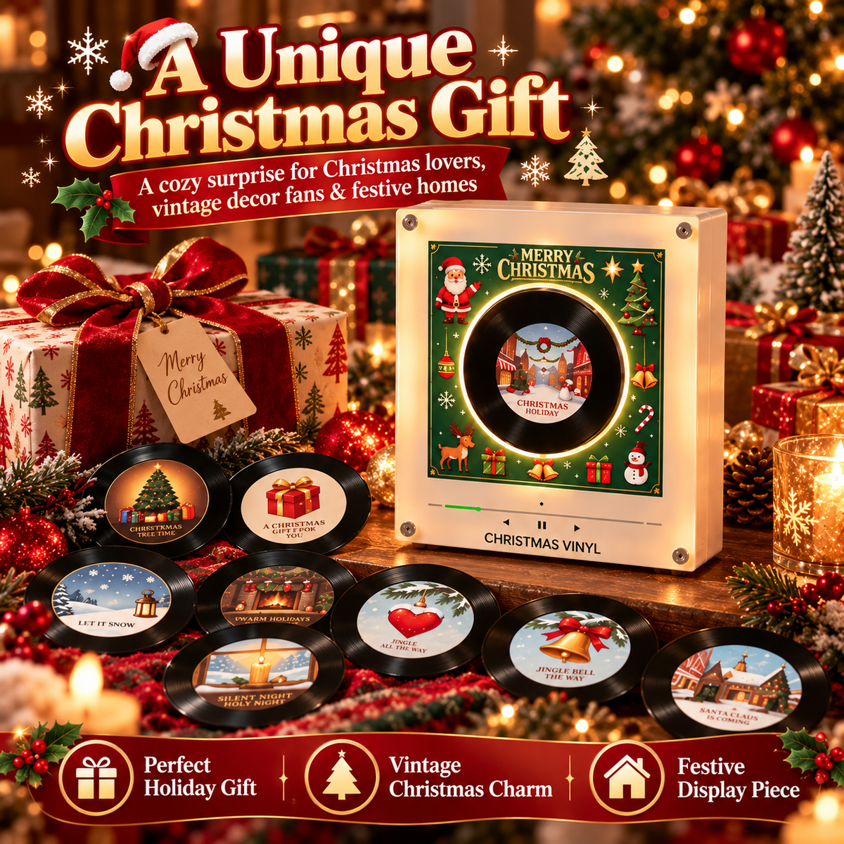 🎅 Mini Christmas Vinyl Display – Retro Holiday Decor & Gift