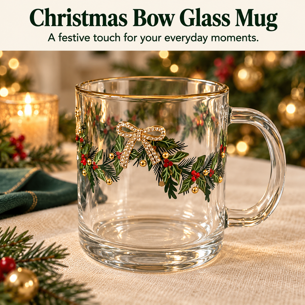 🎄 Christmas Bow Coupe Glass – Gold-Rimmed Holiday Glassware for Festive Tables & Toasts