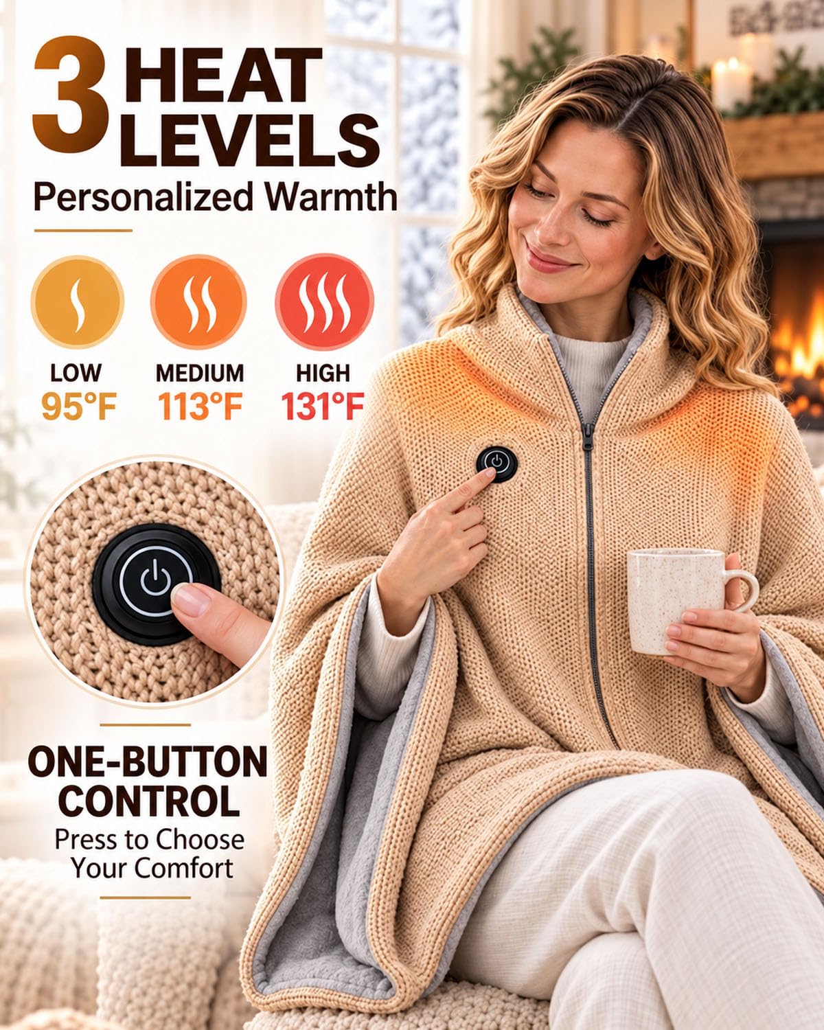 🔥 2027 Heated Shawl Wrap for Women – USB Cordless Wearable Blanket with 3 Heat Settings, Fast Heating, Zipper & Pockets, Soft Flannel Heating Cape for Office, Travel & Gifts 🎁