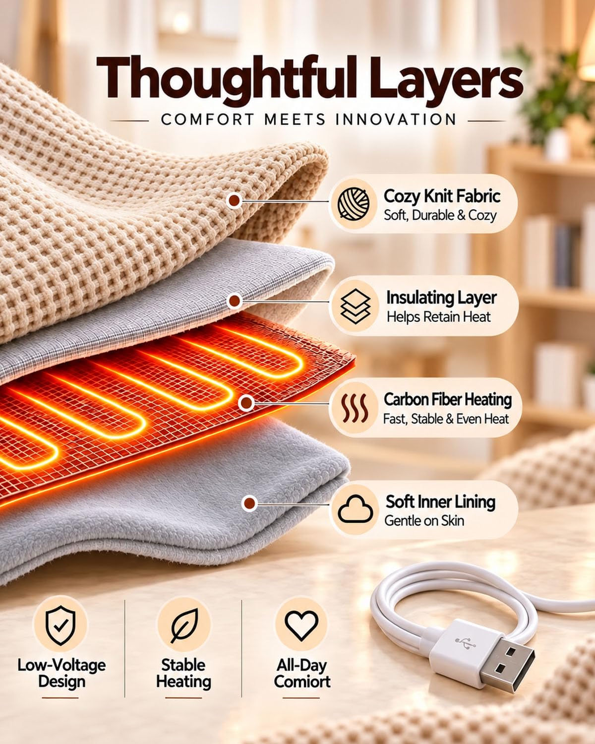 🔥 2027 Heated Shawl Wrap for Women – USB Cordless Wearable Blanket with 3 Heat Settings, Fast Heating, Zipper & Pockets, Soft Flannel Heating Cape for Office, Travel & Gifts 🎁
