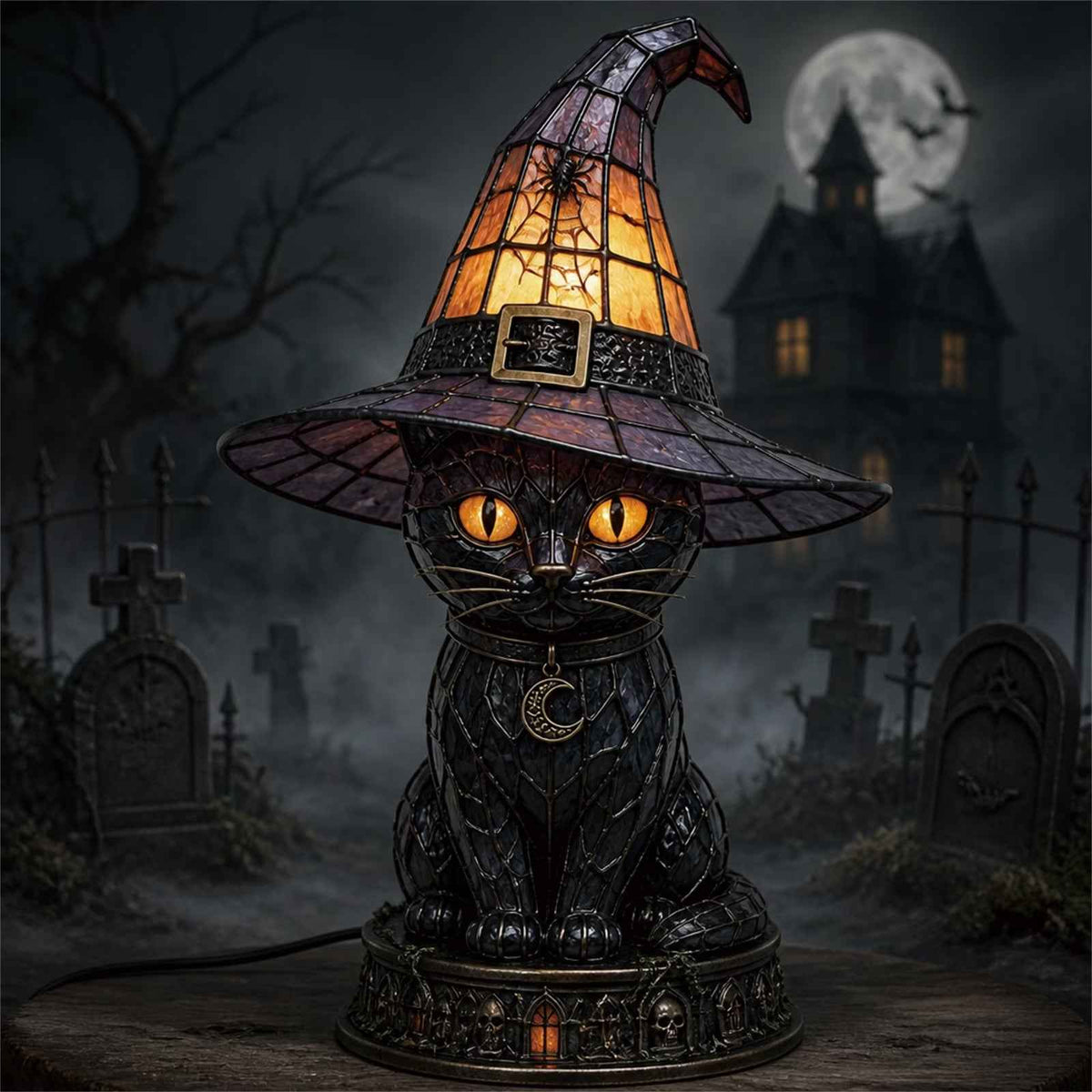 🔥Exclusive Limited Item 👍🔥45%OFF🐈 Gothic Stained Glass Witch Black Cat Table Lamp | Halloween Witch Hat Night Light Decor
