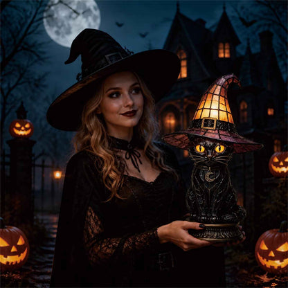 ✨ Gothic Stained Glass Black Cat Table Lamp – Witch Hat Halloween Night Light & Home Decor