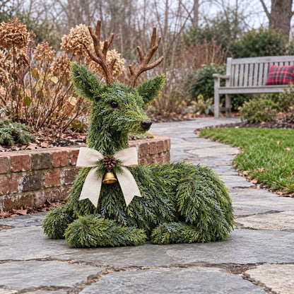 Christmas Evergreen Reindeer Decoration – Rustic Woodland Deer Figurine with Bow & Bell