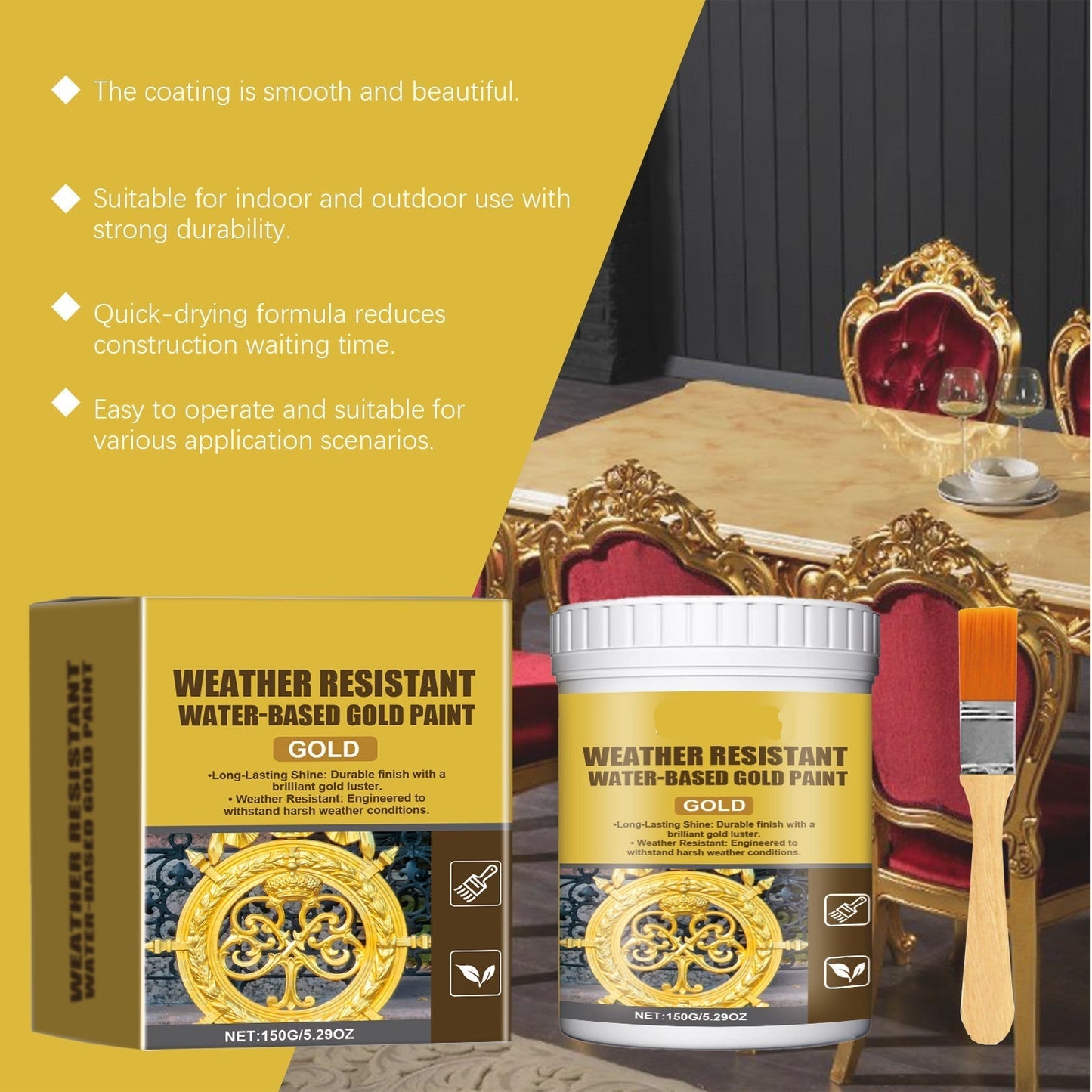 Buy two get one free🔥🔥🔥Weather-Resistant Water-Based Gold Paint, Metallic Paint, Weather-Resistant Roman Column Decorative Gold Paint, Outdoor Gold Foil Paint