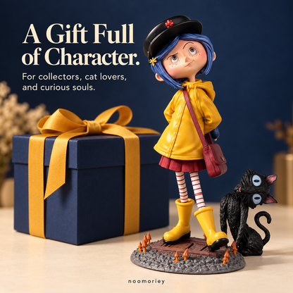 💛 A Little Mystery, A Lot of Charm – Raincoat Girl & Black Cat Collectible Figurine for Halloween & Year-Round Display 🐈‍⬛