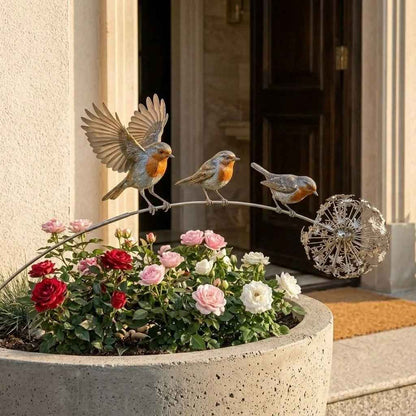 🔥Last Day 70% OFF🔥🌼 Metal Branch Garden Stake with Robin Bird 🍃 Dandelion Wind Sculpture Outdoor Yard Decor✨
