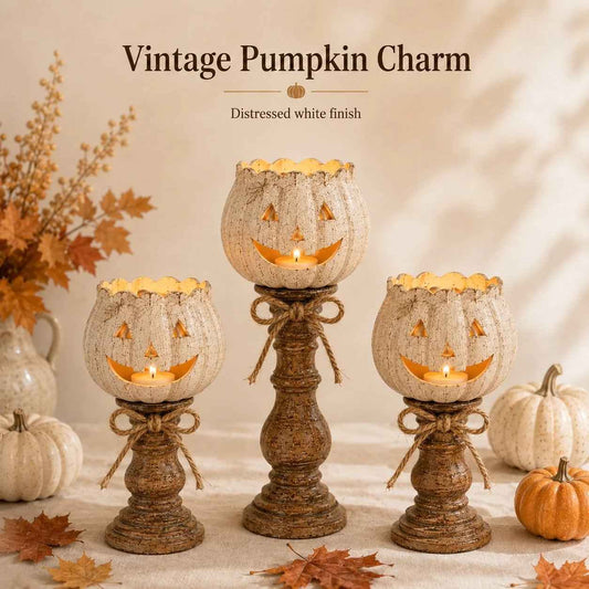 💥SAVE 50%🎃 Set of 3 Distressed White Pumpkin Candle Holders, Vintage Farmhouse Tealight Stand For Autumn Halloween Thanksgiving Decor
