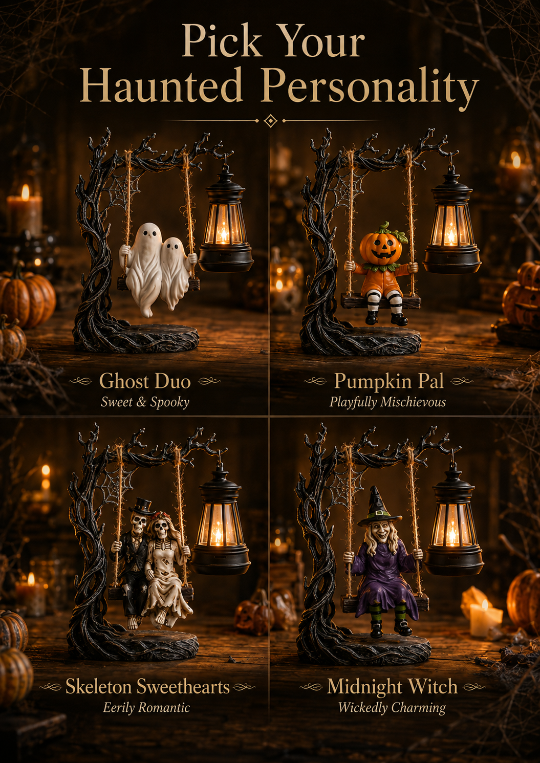 🎃  Light-Up Halloween Swing Figurine | 4 Spooky Characters & Warm Lantern Glow 👻✨