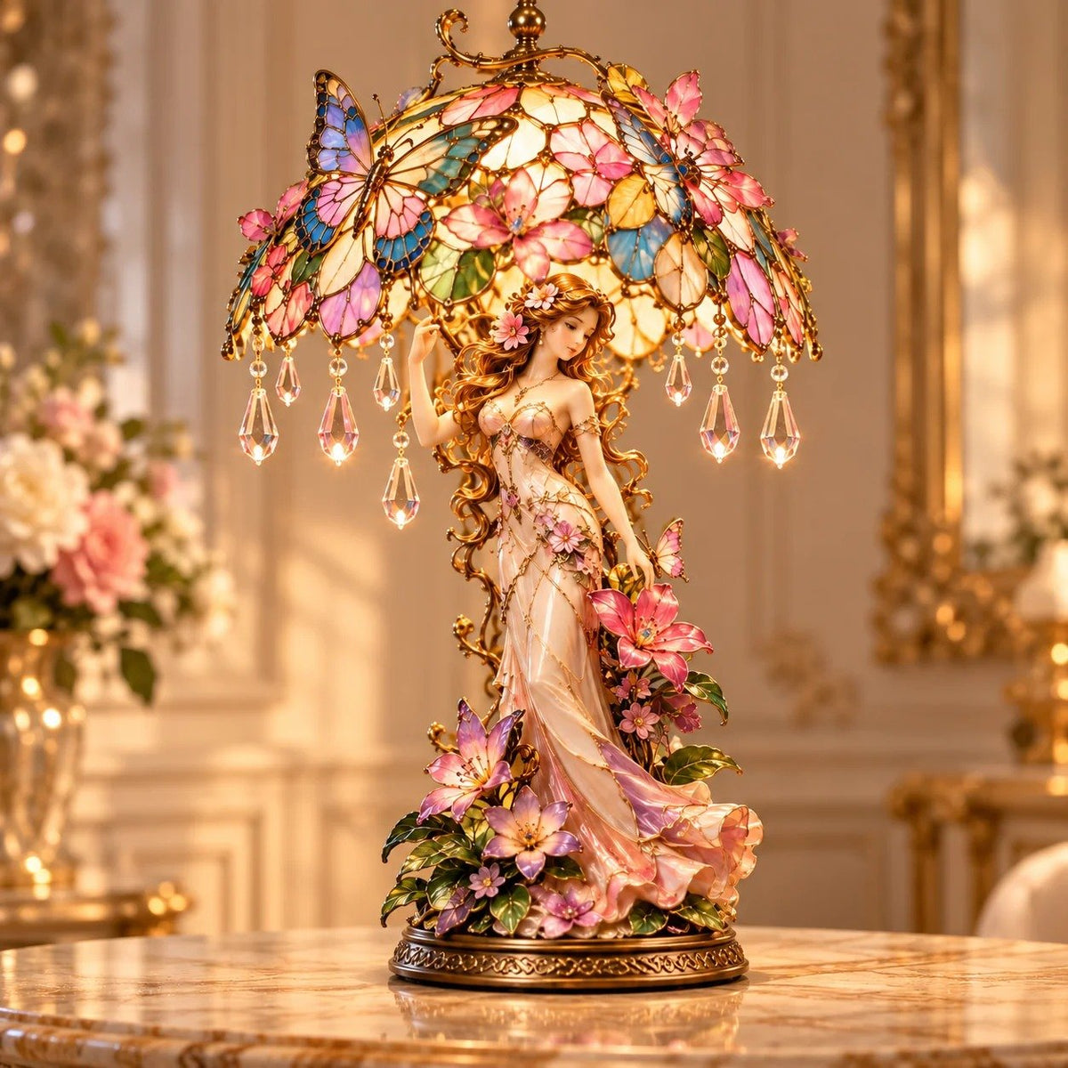 “Enchanted Butterfly Garden Lady” Lamp – Illuminated Flower Sculpture