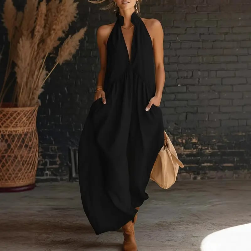 🔥Hot Sale🔥2026 Minimalist Halter Neck Maxi Dress | Casual Loose Fit Summer Dress with Pockets for Women