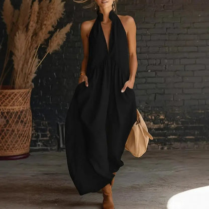 🔥Hot Sale🔥2026 Minimalist Halter Neck Maxi Dress | Casual Loose Fit Summer Dress with Pockets for Women