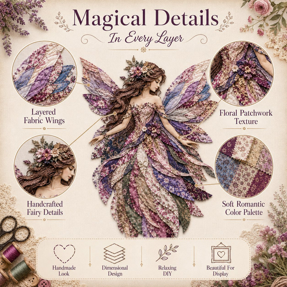💯🧚‍♀️🌸 Premium Fairy Patchwork DIY Kit | High-Quality Layered Fabric with Floral Wings DIY Handmade Fantasy Wall Decor ✨15*12cm