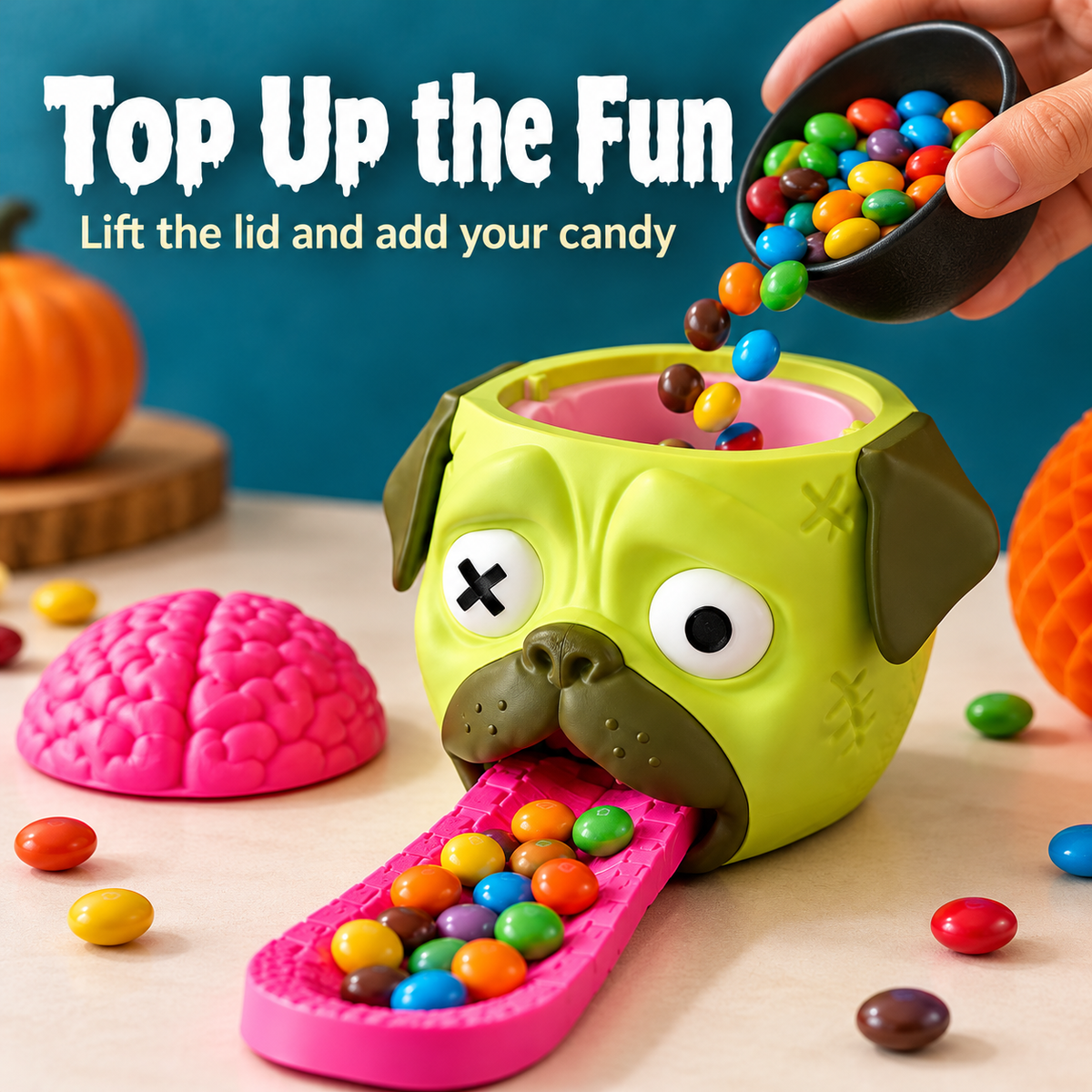 🐶🍬Pug‑Themed Candy Dispenser | Fun Press‑Type Novelty Treat Dispenser | Festive Party Decoration for Halloween, Christmas & Gifting🎃