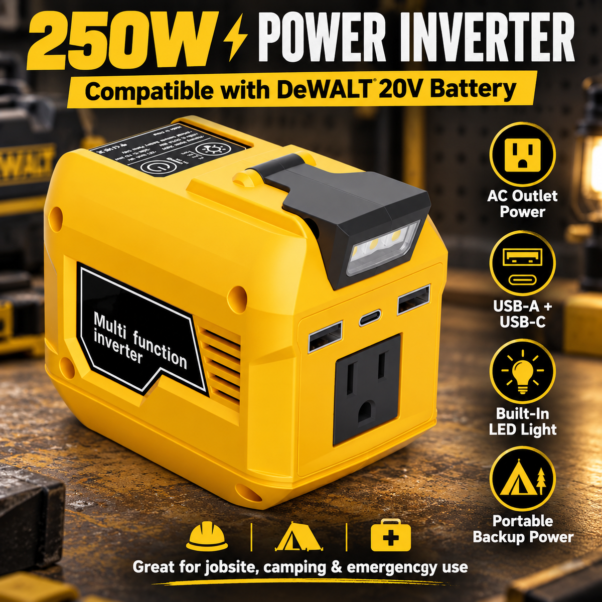 🛠️250W Power Inverter Compatible with DeWALT 20V Battery Converter