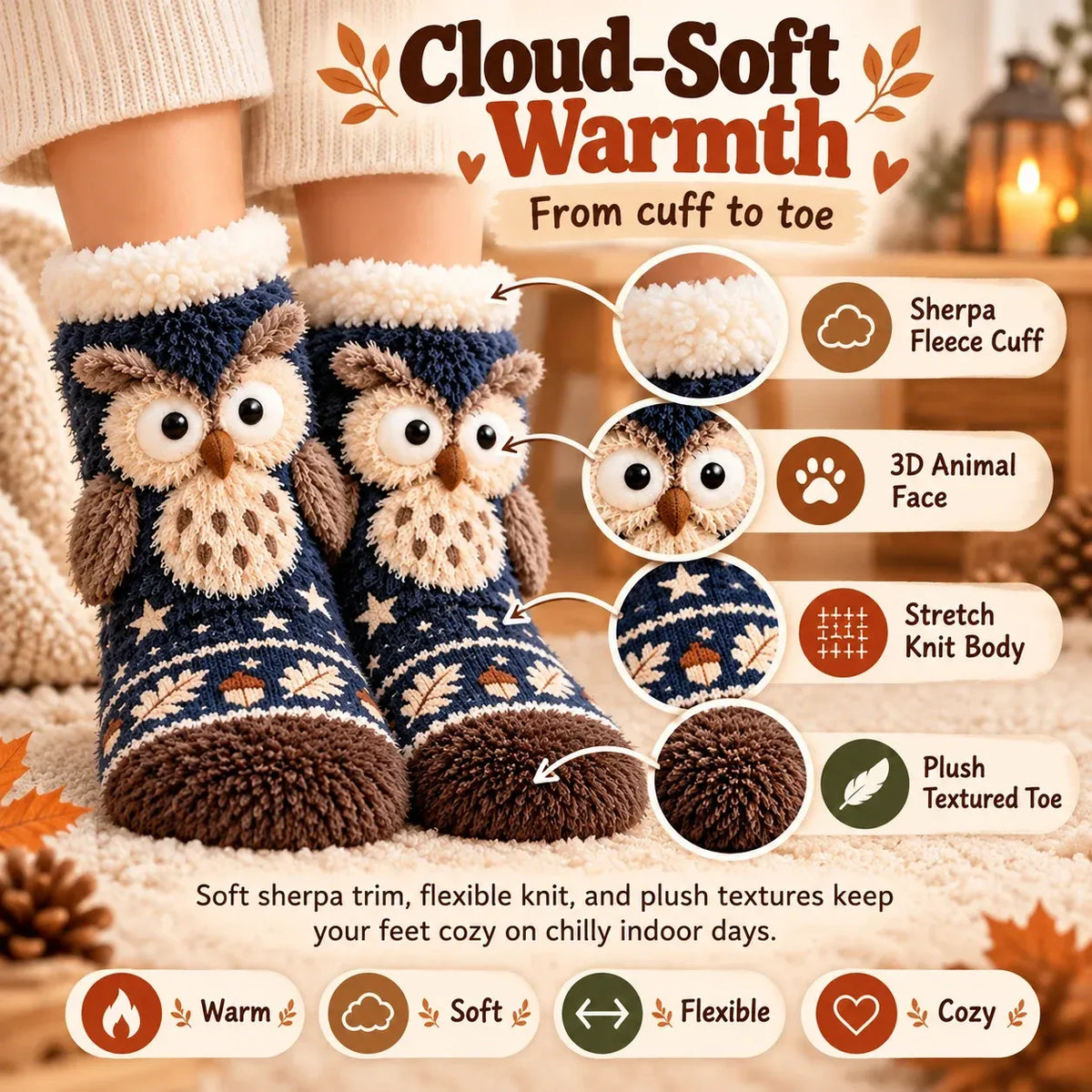 🦊🐦 Cozy 3D Animal Fuzzy Slipper Socks – Cute & Warm House Socks 🦦🦉
