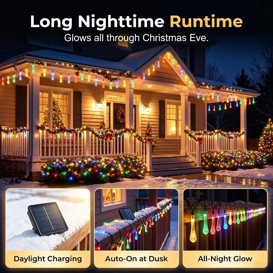 💧 Solar Waterdrop String Lights – 20FT No-Cord Outdoor & Indoor Christmas Decorative Lighting