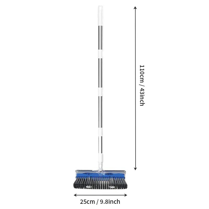 ALL‑in‑1 Liquid Dispensing Floor Scrub Brush with Squeegee, Long Ergonomic Handle Press‑to‑Release Soap Tank Hard Bristle Stand‑Up Scrubber