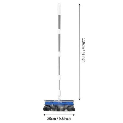 ALL‑in‑1 Liquid Dispensing Floor Scrub Brush with Squeegee, Long Ergonomic Handle Press‑to‑Release Soap Tank Hard Bristle Stand‑Up Scrubber